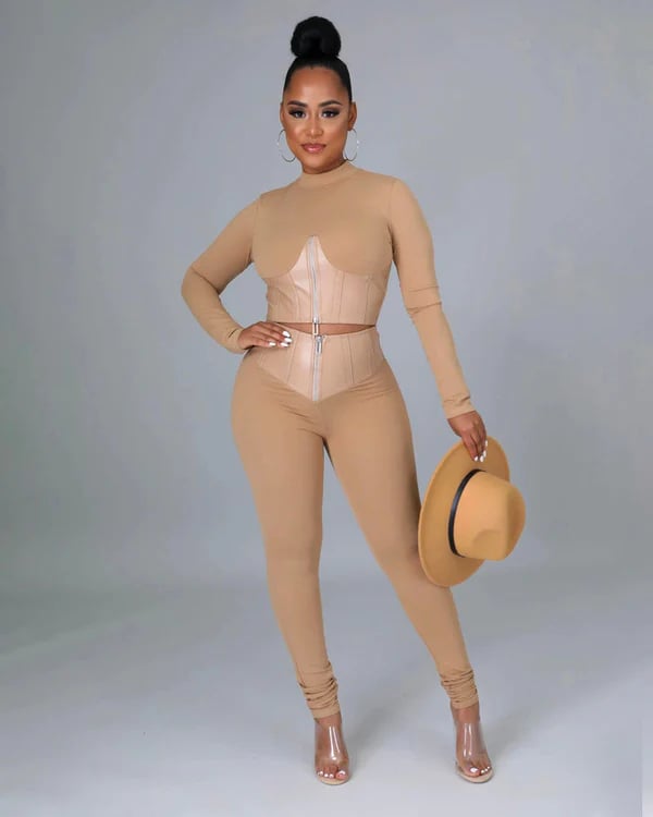 Tight-Fit PU Leather Long Sleeve Leggings Set  | Kulavo™