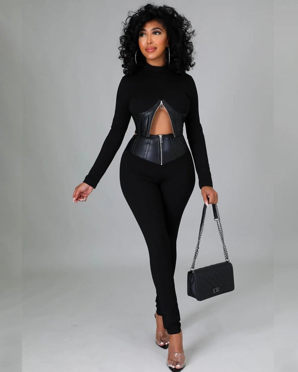 Tight-Fit PU Leather Long Sleeve Leggings Set  | Kulavo™